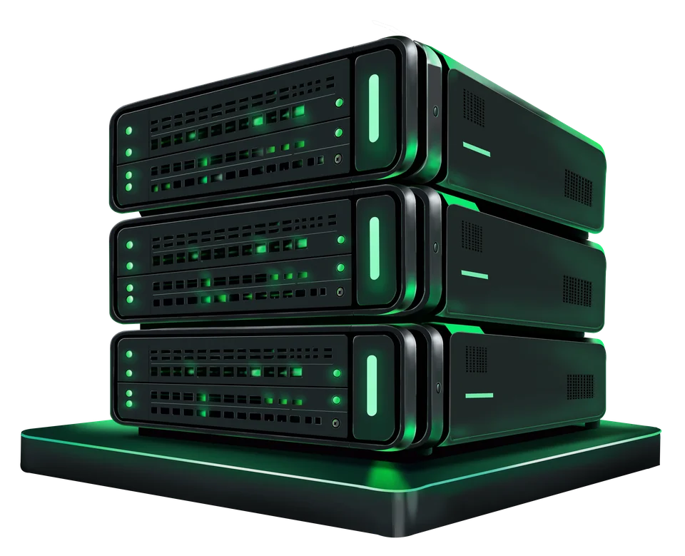 Stack of servers with green status lights
